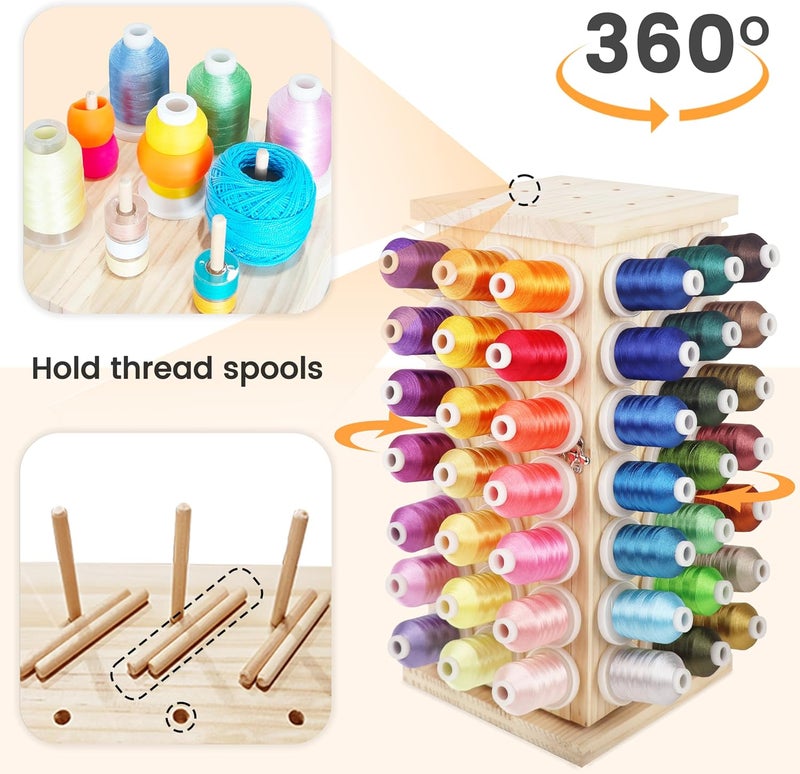 New brothread 93 Spools (DIY) 360° Fully Rotating Wooden Thread Rack/Thread Holder Organizer with Inner Storage Compartments for Sewing, Quilting, Embroidery, Hair-braiding and Jewelry - Image 3